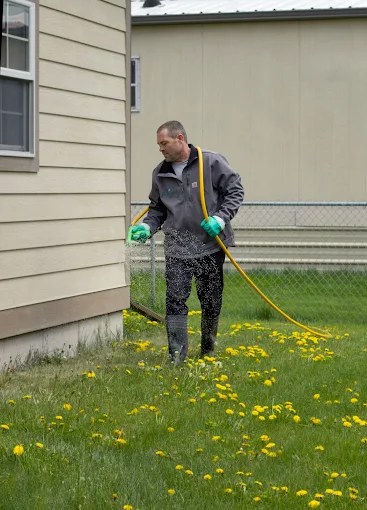 Man spraying weed control on dandelions in a residential lawn